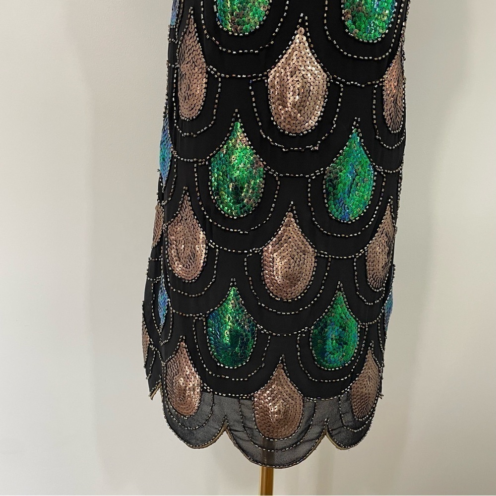 Papillon Sequin Cocktail Dress Sz S Black Green Peacock LBD Party Event Sexy GUC - Picture 4 of 12